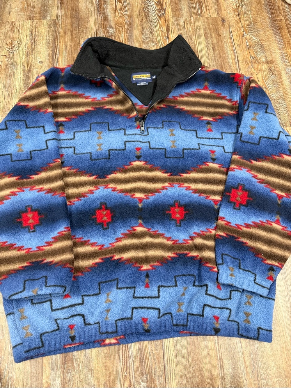 Vintage Panhandle Slim blue, brown, and red geometric pattern fleece pullover in